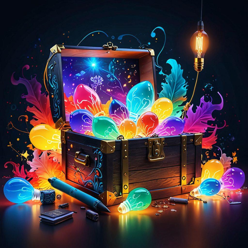 An open treasure chest overflowing with colorful ideas, such as light bulbs, creative writing tools, and digital devices, set against a backdrop of a vibrant digital landscape. An ethereal glow illuminates the scene, symbolizing the potential of content creation and user engagement. Ethereal wisps of creativity swirl around, capturing the essence of innovation in the blogosphere. super-realistic. vibrant colors. 3D.