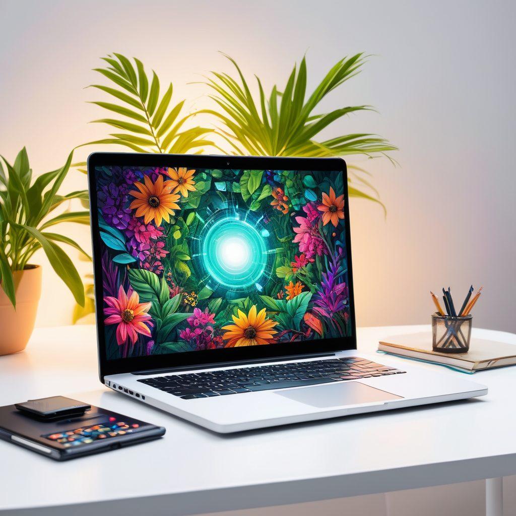 A vibrant, open laptop displaying a colorful online journal filled with engaging content and creative visuals. Surrounding the laptop are dynamic icons representing ideas, shares, and community interaction, symbolizing user engagement. In the background, a serene workspace with plants and warm lighting, inspiring creativity. The overall mood should be inviting and energetic, showcasing the fusion of technology and creativity. digital art. vibrant colors. white background.