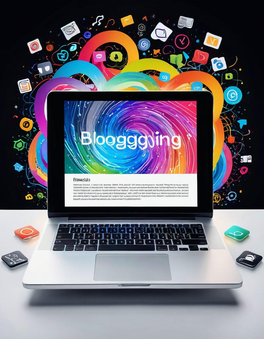 An open laptop surrounded by colorful app icons and dynamic visuals representing blogging tools on one side, while on the other, a swirling flow of handwritten words and phrases symbolizing creativity and expression. Bright colors, digital effects, and an imaginative atmosphere capturing the essence of innovation in blogging. super-realistic. vibrant colors. white background.